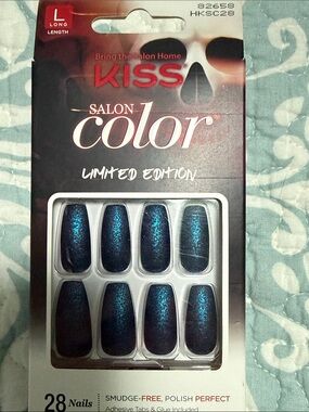 Kiss “salon Color” limited edition blue/black matte look glitter nails, Long